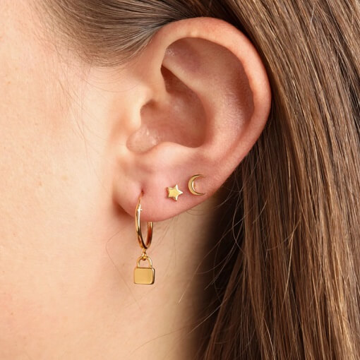 Stacked sterling silver, plated in gold minimal hoops and star and moon studs
