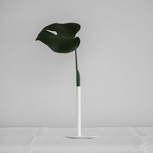 Oak Lab Design White Lone Vase with single, green leaf