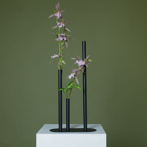Oak Lab Design Tall Stacked Vase Black with purple flowers and greenery
